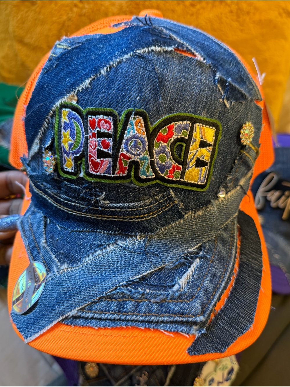 Custom Peace Denim Hat - Orange & Blue